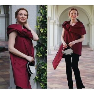 Burgundy Wrap Tunic Size S, Asymmetrical top, Dark Red Black mesh draped blouse